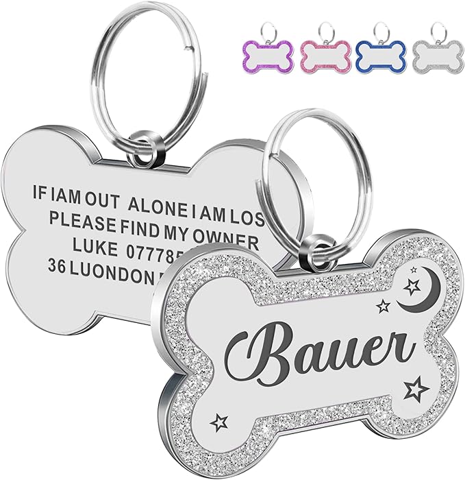 Dog Tags Personalized for Pets Dog Name Tags Personalized Dog Tag Engraved with Any Name & Text Custom Dog ID Tags Glitter Bone ID Tag for Puppy Cat (Silver L, Bone)-Mewly Pet