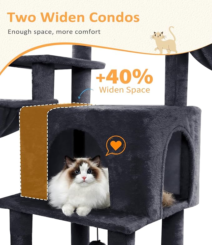 Cat Tree Large Cat Tower Tree 68" Multi-Level Cat Tower for Indoor Cats with Sisal Scratching Posts, Widen Cat Perche, Square Hammock, 2 Widen Condos, Scratching Posts, Grey-Mewly Pet