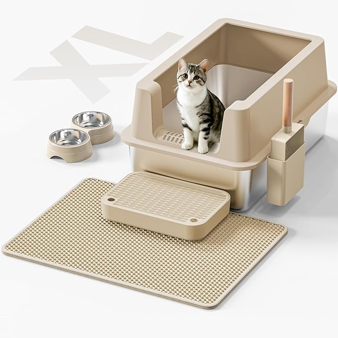 Stainless Steel Cat Litter Box - Enclosed XL Metal Kitty Litter Box with Lid for Big Cats, High Sided, Anti-Leakage, Easy Cleaning, Non-Sticky, Included Spoon & Aisle (Khaki)-Mewly Pet