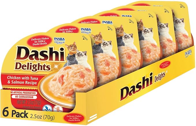 INABA Dashi Delights for Cats, 2.5 Ounce Cup, 6 Cups Total, Chicken with Tuna & Salmon Recipe-Mewly Pet