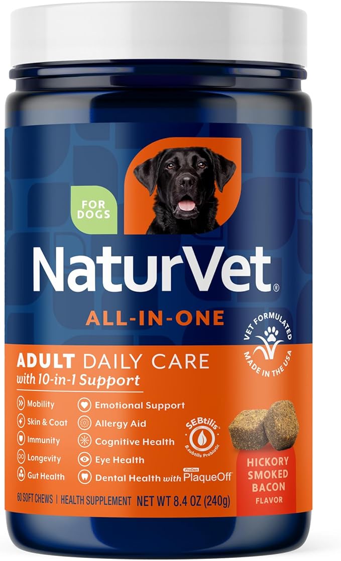 NaturVet All-in-One Adult Dog Daily Care, 10-in-1 Supplement Dog Soft Chews for Mobility, Skin, Digestion, Teeth, Cognition, Eyes, Hickory Smoked Bacon Flavored Pet Supplement for Dogs, 60 Count-Mewly Pet