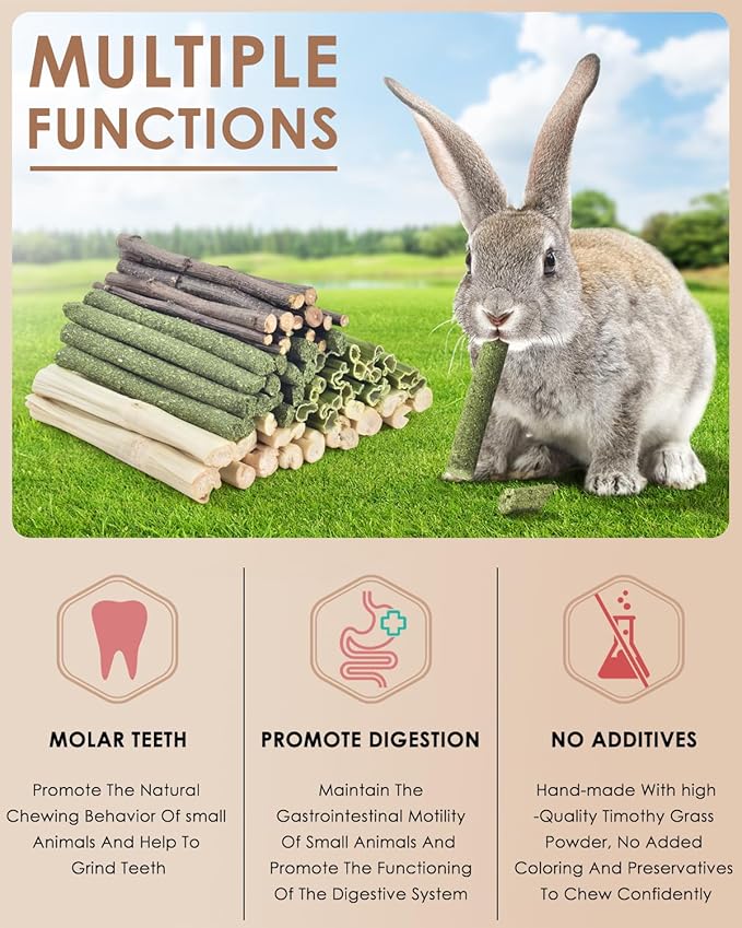 Bissap 60 PCS Rabbit Chew Sticks, Sweet Bamboo Timothy Hay Chew Stick Papaya Stems Apple Branch Bunny Chews for Rabbit Hamster Chinchilla Guinea Pig Small Pet Natural Molar Treats-Mewly Pet
