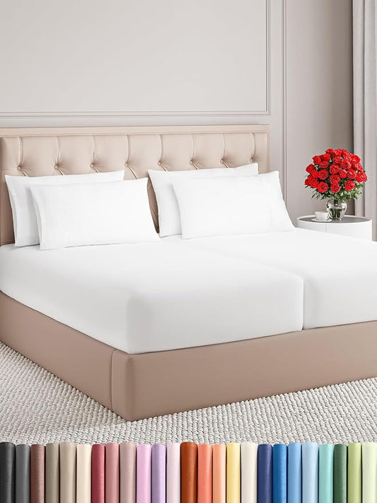 Split King Sheets Set 7 Piece - Includes 4 Pillowcases - Bed Sheets Split King - Soft Hotel Luxury Bedding - Cooling, Comfy & Breathable - 1 Flat & 2 Fitted & 4 Pillowcases w/ Deep Pockets - White