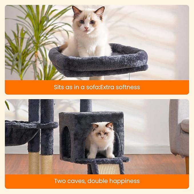 Heybly Cat Tree with Cat Self Groomer Brush, Cat Tower Condo for Indoor Cats with Padded Plush Perch, Cat House with Basket Scratching Board Post, Smoky Gray HCT005SG-Mewly Pet