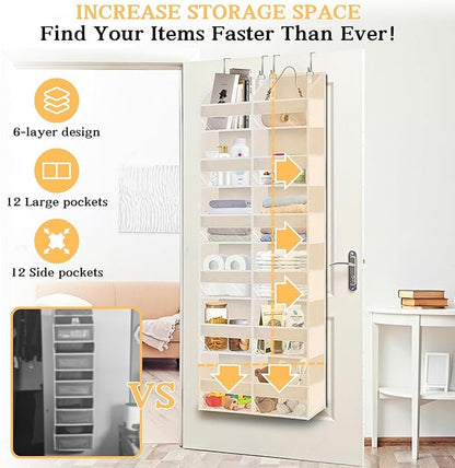 Over the Door Organizer 6 Tiers, Extra Large Behind Door Storage of 12 Compartments,80 lbs Weight Capacity Hanging Storage Organizer with Clear Window Kids Toys, Shoes, Diapers,Beige