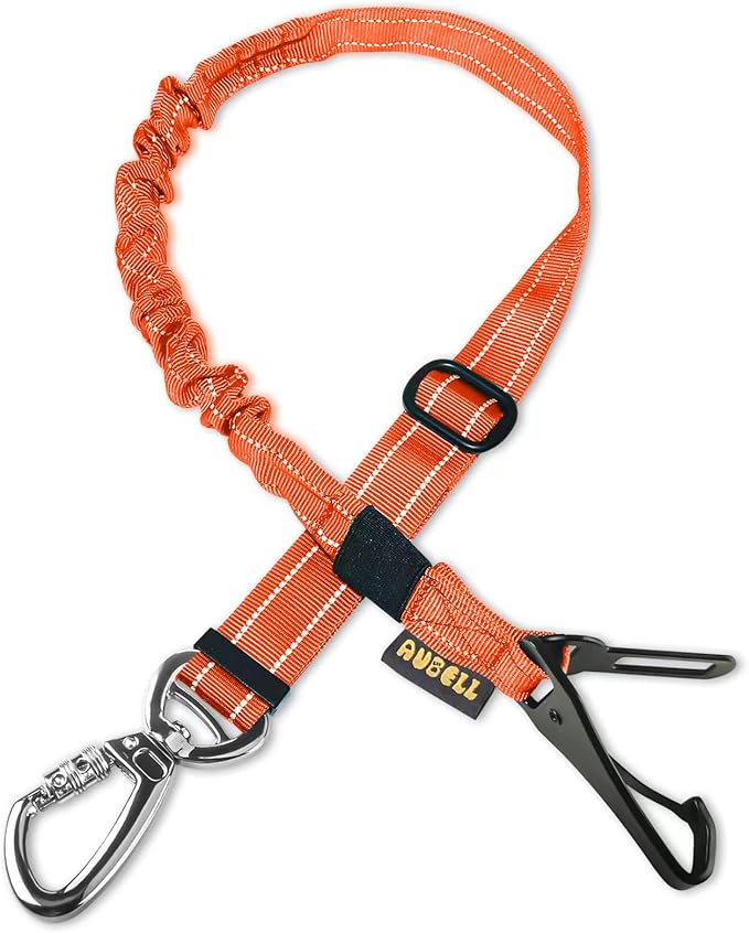 AUBELL Dog Seat Belt for Car,Updated 3-in-1 Adjustable Reflective Bungee Heavy Duty Dog Car Harness Tether with Clip Hook Latch & Buckle,Swivel Zinc Alloy Carabiner,Orange-Mewly Pet