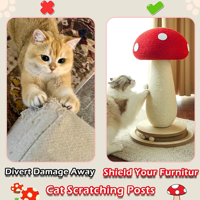 Cat Scratching Post Mushroom Cat Tree with Natural Sisal, Weighted Base & Interactive Ball - for Kittens to Adult Cats - Perfect for Indoor Cats (Red, Large 21 in, 7)-Mewly Pet