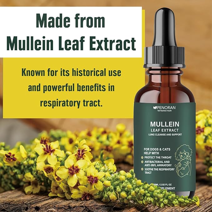 Pet Mullein Leaf Extract Drops for Dogs & Cats Hoarseness, Cough, Easy Breathing, Lung Cleanse and Support, Better Lungs, Soothes Throat Discomfort - ﻿100% Natural and Efficient ﻿ ﻿-Mewly Pet