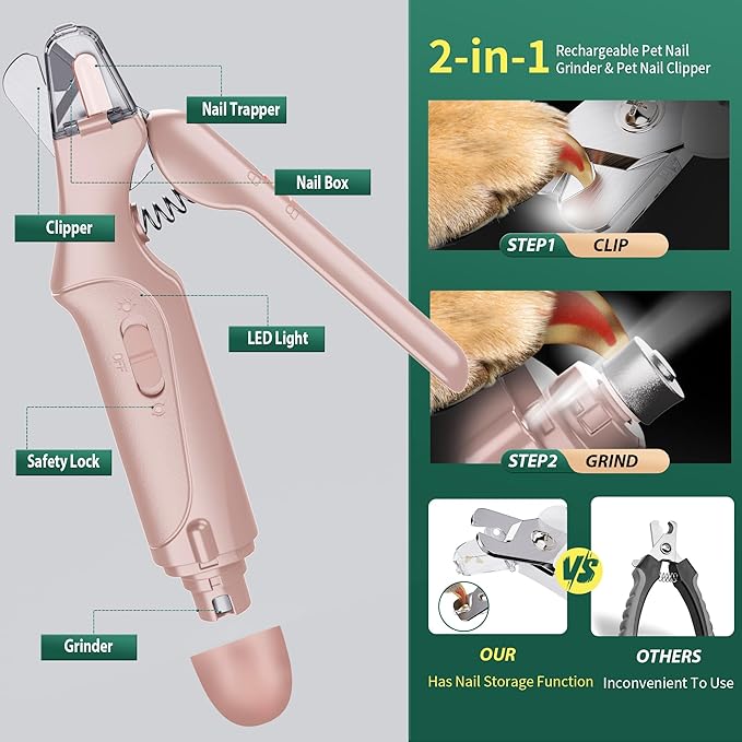 Dog Nail Clippers & Cat Nail Clipper with Catcher, 2 in 1 Dog Nail Trimmers & Grinder with Light for Large Small Dogs Cats,Silent Groom Pro Claw Trimmer, Rechargeable Dogs Nails Grinder Quiet-Mewly Pet