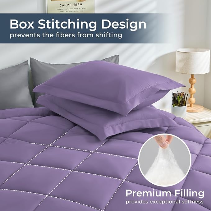 HEVUMYI King Comforter Set - 7-Piece All Season Bed in a Bag King, Ultra Soft Bedding Set with Comforter, Flat Sheet, Fitted Sheet, Pillowcases, Pillow Shams, Purple & Light Grey