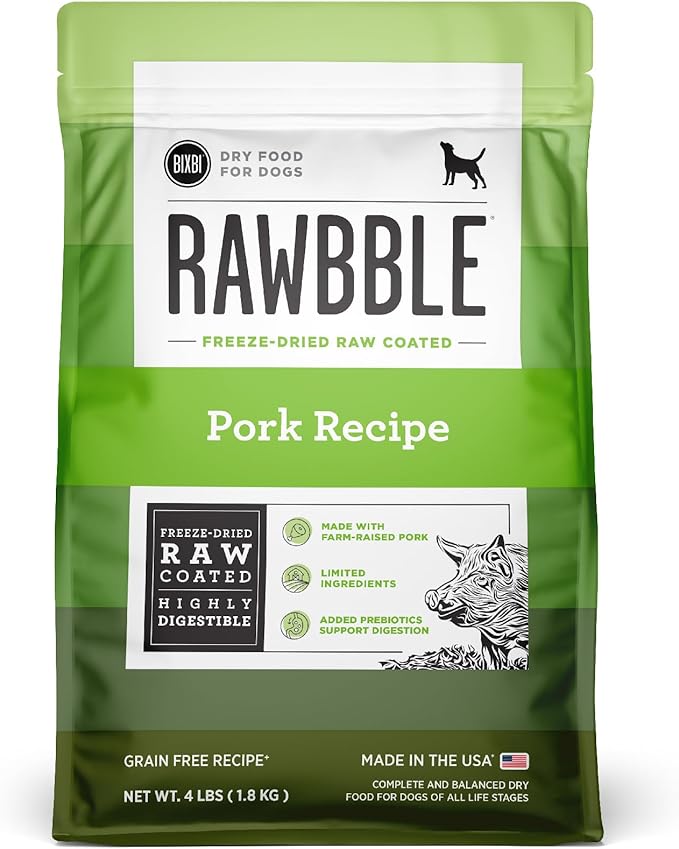BIXBI Rawbble Dry Dog Food, Pork, 4 lbs - USA Made with Fresh Meat - No Meat Meal & No Corn, Soy or Wheat - Freeze Dried Raw Coated Dog Food - Minimally Processed for Superior Digestibility-Mewly Pet