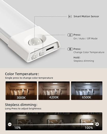 EZVALO 6-Pack Under Cabinet Lighting, 7.8" Wireless Closet Lights, 30 LED Rechargeable Motion Sensor Light, Dimmable, 3 Color Temperatures, Counter Lights for Kitchen, Pantry, Bedroom, Wardrobe