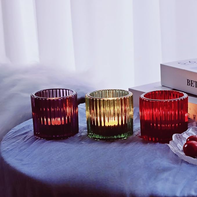 VOHO 3 Color Votive Candle Holders for Easter Decor, 6pcs Large Tealight Candle Holder for Votive Tea Lights Candles, Ribbed Tea Light Candle Holder Glass Gifts for Halloween/Thanksgiving/Christmas