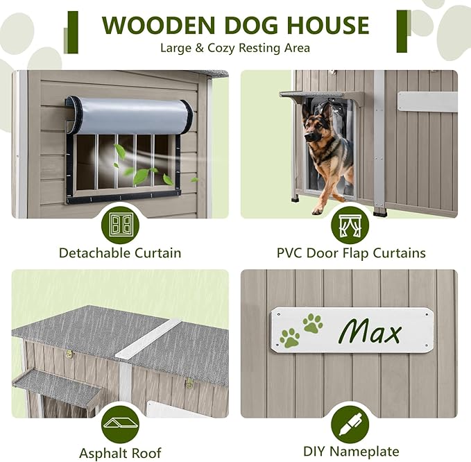 Large Dog House Outdoor XL Wooden Dog House with Weatherproof Asphalt Roof, Chew-Resistant Frame, Removable Floor, for Medium to Large Dogs Indoor Outdoor Use (Grey, 55.1"L x 33.1"W x 34.8"H)-Mewly Pet