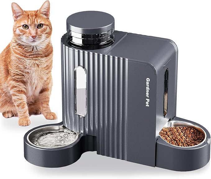 Gardner Pet Automatic Gravity Cat Food Feeder and Water Dispenser Stainless Steel Two-in-One Set Large Capacity Dispenser for Pets Dogs, Puppies, Kittens, Rabbits-Mewly Pet