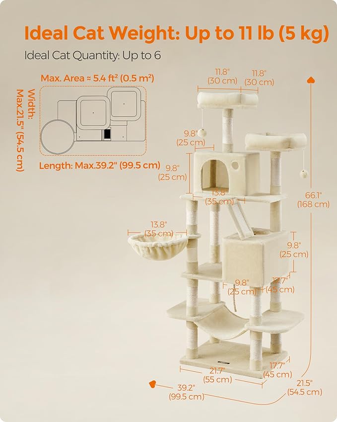 Feandrea Cat Tree, 66.1-Inch Large Cat Tower with 13 Scratching Posts, 2 Perches, 2 Caves, Basket, Hammock, Pompoms, Multi-Level Plush Cat Condo for Indoor Cats, Beige UPCT165M01-Mewly Pet