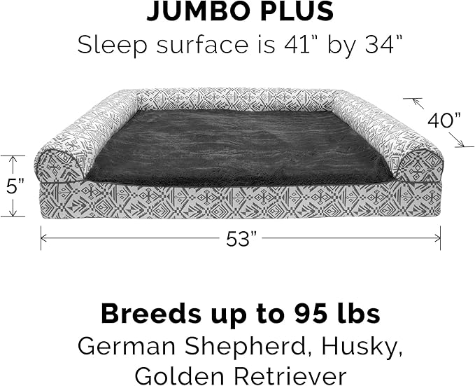 Furhaven Orthopedic Dog Bed for Large Dogs w/ Removable Bolsters & Washable Cover, For Dogs Up to 125 lbs - Plush & Southwest Kilim Woven Decor Sofa - Boulder Gray, Jumbo Plus/XXL-Mewly Pet