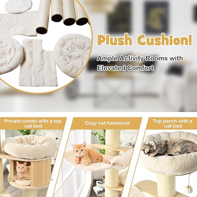PETSITE 68.5" Tall Cat Tree, Multi-Level Modern Cat Tower with Sisal Scratching Posts, Top Perch, Cat Condo, Hammock, Jingling Balls, and Washable Cushions, Cat Tree Tower for Indoor Cats Large Adult-Mewly Pet