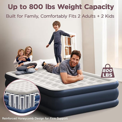 Queen Air Mattress with Built in Pump, 18" Elevated Height, 48Hr Leak-Tested, Honeycomb Coil Support, 800 lbs Capacity, Fast 3-Min Inflation–Blow Up Mattress for Guest Room & Sleepover