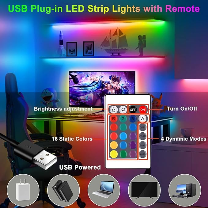 HOUHUI LED Strip Lights 6.56Ft, RGB LED Lights Strip for 40-60in TV Backlight, RGB Color Strips Light Waterproof IP65 with Remote, USB Bias LED Lights Kit for Bedroom PC Monitor Mirror Cabinet Desk