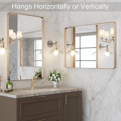 LOAAO 20”X30” Gold Bathroom Mirror, Rounded Rectangle Gold Frame Mirror, Brushed Gold Bathroom Vanity Mirror Wall-Mounted, Anti-Rust, Hangs Horizontally or Vertically
