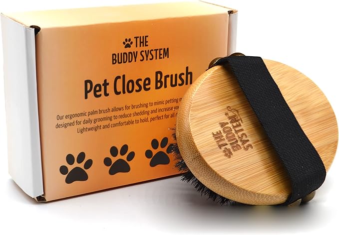The Buddy System Pet Close Brush, Soft Touch Oval Palm Brush - Bamboo Massage Handheld with Soft Boar Bristles and Elastic Band for Dogs and Cats-Mewly Pet