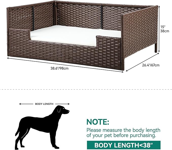 YITAHOME Rattan Dog Sofa Bed with Cushion,Wicker Pet Bed Sofa Couch Indoor Outdoor Waterproof for Large Medium Small Dogs Cats (38.6''L*26.4''W*15''H,Beige)-Mewly Pet