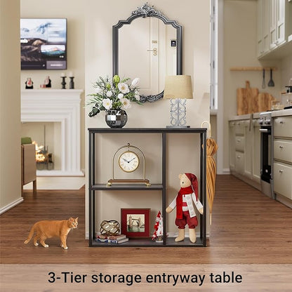 WOHOMO Console Table, 12 Inch Narrow Entryway Table with 3-Tier Storage Shelves 31.5 Inch Industrial Sofa Table Small Hallway Table for Living Room Grey