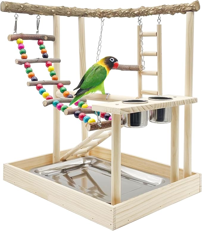 Hamiledyi Bird Playground Parrots Wood Perch Stand Cockatiel Playground Bird Play Gym Colours Climb Ladders Swing Chewing Toys with Parakeet Feeding Cups Exercise Activity Center for Lovebirds Conure-Mewly Pet