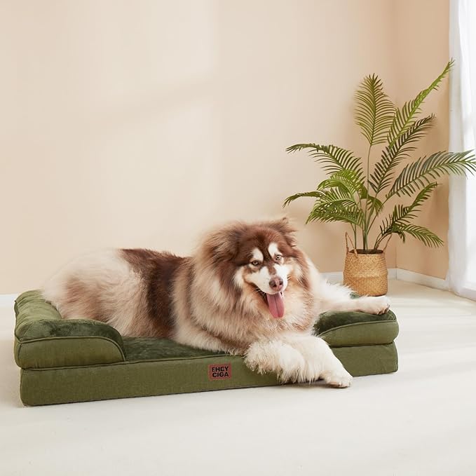EHEYCIGA Orthopedic XL Dog Beds, Waterproof Memory Foam Dog Bed for Extra Large Dogs, Non-Slip Bottom and Egg-Crate Foam Big Pet Couch Bed with Washable Removable Cover, Olive Green-Mewly Pet