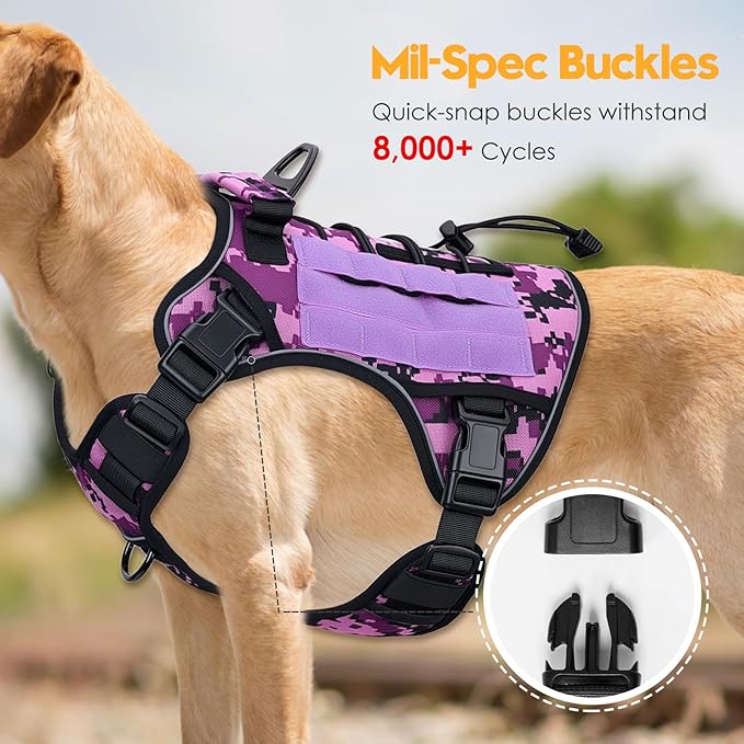 Heavy-Duty Tactical Dog Harness for Large Dogs, No Pull Adjustable Reflective Pet Vest with Molle System, K9 Military-Grade Control for Service Training, Outdoor & 10+ Breeds, Purple Camo, Large-Mewly Pet