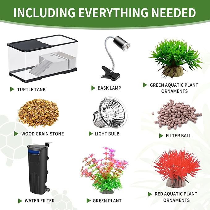 (Tank + Light + Filter + Filter Balls) Turtle Tank Kit, Turtle Tank Starter Kit,Bottom Drainage, Multi-Function Areas for Turtles, Crabs,Fishes, Amphibians,Reptiles.(21.65 × 12.28 × 12.28 Inch)-Mewly Pet