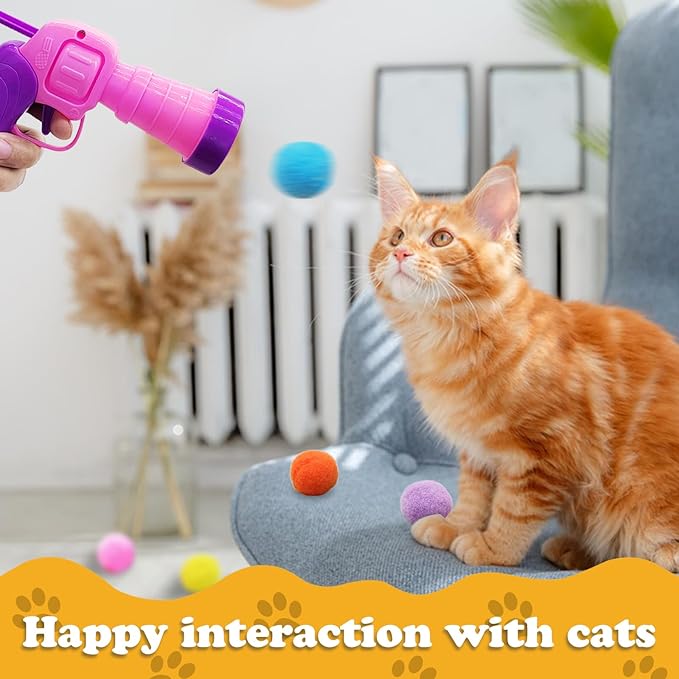 Andiker Plush Pom Pom Balls Set - Interactive Cat Toy (30pcs - Pink: 100balls, Launcher Set)-Mewly Pet
