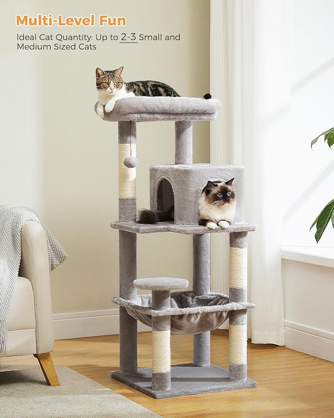 Cat Tree for Indoor Cats, 45.7" Multi-Level Cat Tower with Large Metal Frame Hammock, Cat Condo with 4 Scratching Posts and Top Perch for Small Medium Kitty, Grey-Mewly Pet