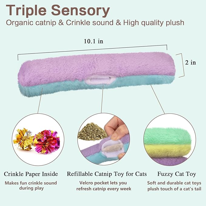 Retro Shaw Cat Toys Kicker Pillows 3Pcs, Refillable Catnip Toys with Crinkle Sound Inside, Interactive Indoor Cat Nip Kitty Kick Sticks for Kitten 10.1 Inches-Mewly Pet