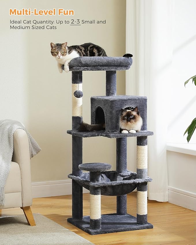 Cat Tree for Indoor Cats, 45.7" Multi-Level Cat Tower with Large Metal Frame Hammock, Cat Condo with 4 Scratching Posts and Top Perch for Small Medium Cat, Dark Grey-Mewly Pet