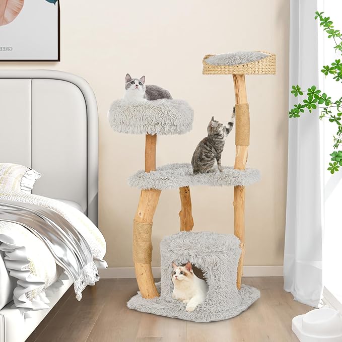 Tangkula Cat Tree Tower, Solid Wood Modern Cat Tower with Top Cattail Basket Bed, Side Perch, Large Platform & Cat Condo, Cute Cat Tree with Scratching Posts for Indoor Cats Large Adult-Mewly Pet