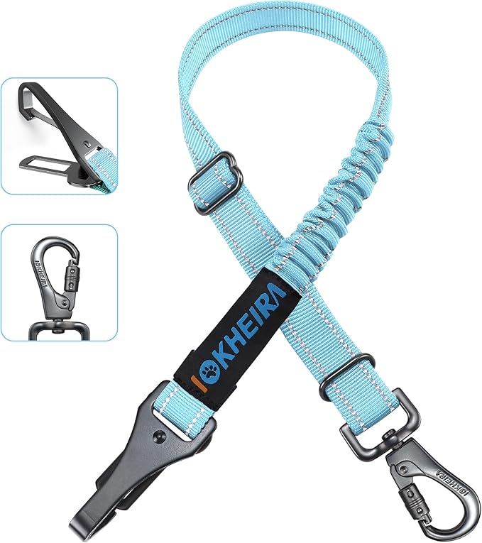 Dog Seat Belt 3-in-1 Car Harness for Dogs Adjustable Safety Seatbelt for Car Nylon Reflective Bungee Fabric Dog Car Harness with Clip Hook Latch & Buckle, Swivel Zinc Alloy Carabiner (Light Blue)-Mewly Pet