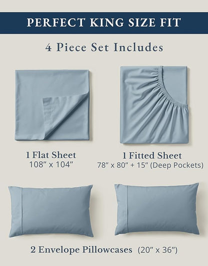 LANE LINEN 100% Organic Cotton Bed Sheets King Size, Soft & Comfy Fully Elasticized Percale Bedding Sheets & Pillowcase Set, Low Pilling Machine Washable All Season King Sheet- French Blue