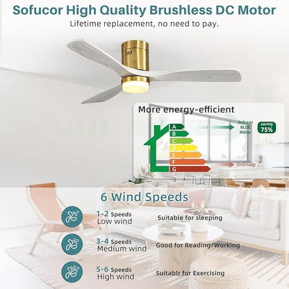 Sofucor Ceiling Fan with Lights-52 Inch Flush Mount Ceiling Fan with Light and Remote Control, Low Profile Wood Blades Modern Outdoor Ceiling Fans for Bedroom/Farmhouse/Patio/Indoor, Quiet DC Motor