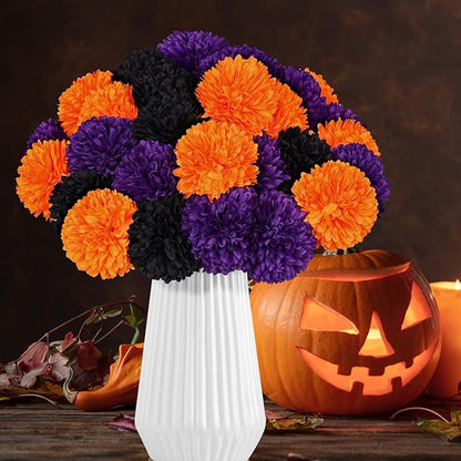 36 Pcs Halloween Artificial Flowers Halloween Chrysanthemums Ball Silk Flowers Black Orange Purple Fake Hydrangea for Halloween Party Home Table Centerpieces Vase Decor