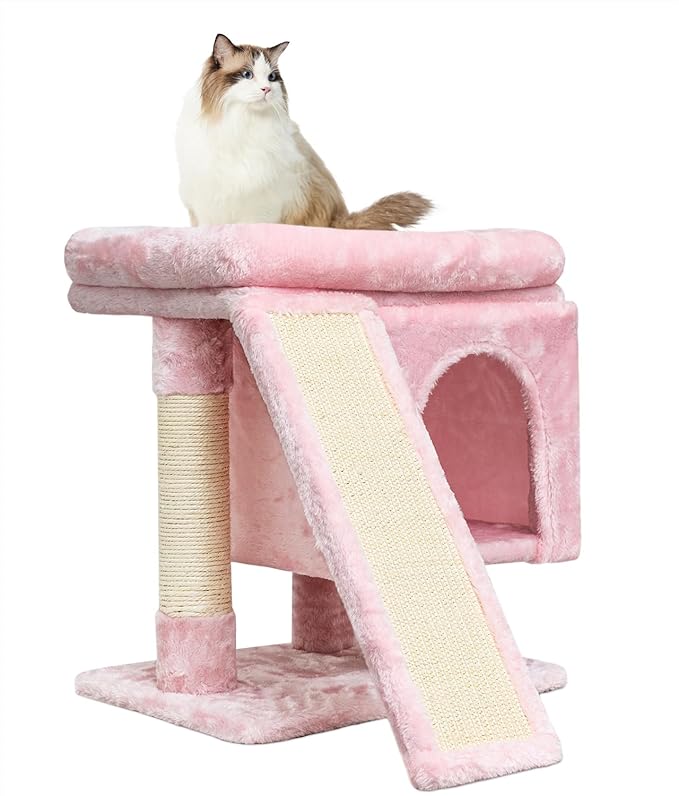 SYANDLVY Small Pink Cat Tree with Perch for Indoor Cats, Cat Tower with Scratching Post, Modern Activity House for Large Cats, Condo with Board, Kittens Cave-Mewly Pet