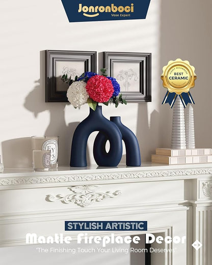 Hug Donut Decorative Vase Set - Navy Blue Vase, Modern Coastal Style Vases Home Decor, Matte Ceramic Decorations for Living Room Shelf, Bookshelf Mantle Entryway Table or Console Décor (Navy Blue)