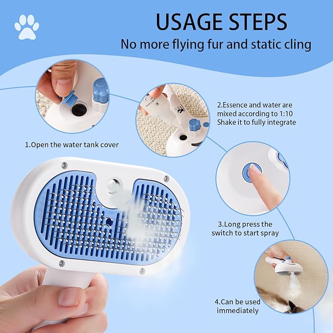 Cat Steam Brush for Shedding,3 In 1 Steam Brush for Dogs & Cats,Spray Hair Removal Comb,Includes Waterless Shampoo,Suitable for Long-haired and Short-haired Pets-Mewly Pet