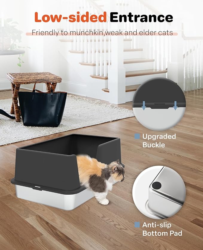 Stainless Steel Litter Box with Lid, 23.5" L x 15.8" W x 10.5" H, Large Metal Cat Box for Big Cats, High Sided Kitty Litter Box with Scoop & Pee Pads, Non-Sticky, Anti-Leakage, Easy to Clean (Black)-Mewly Pet