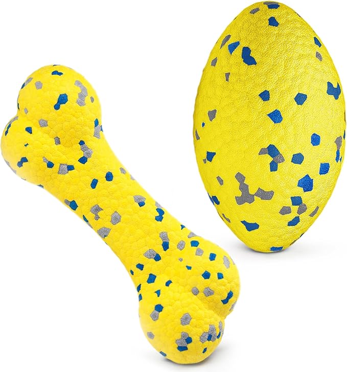2Pcs Upgrade Bone Dog Balls+Rugby Dogs Toys for Aggressive Chewers, Indestructible Tennis Balls for Dogs (Yellow)-Mewly Pet
