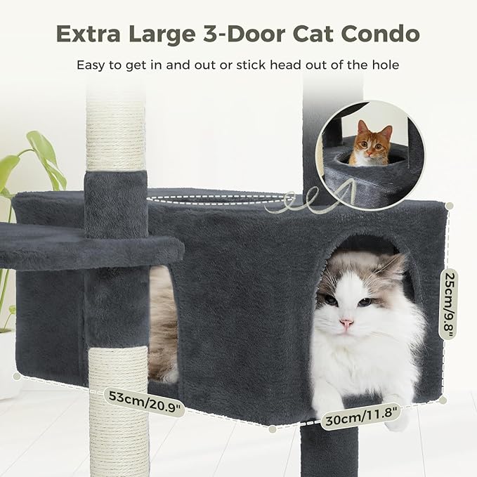 PAWZ Road Large Cat Tree, 72 Inches Cat Tower for Large Cats, Cat Condo with Sisal-Covered Scratching Posts and Pads, 2 Padded Perch, Dual Condo and Basket for Indoor Cats-Dark Gray-Mewly Pet