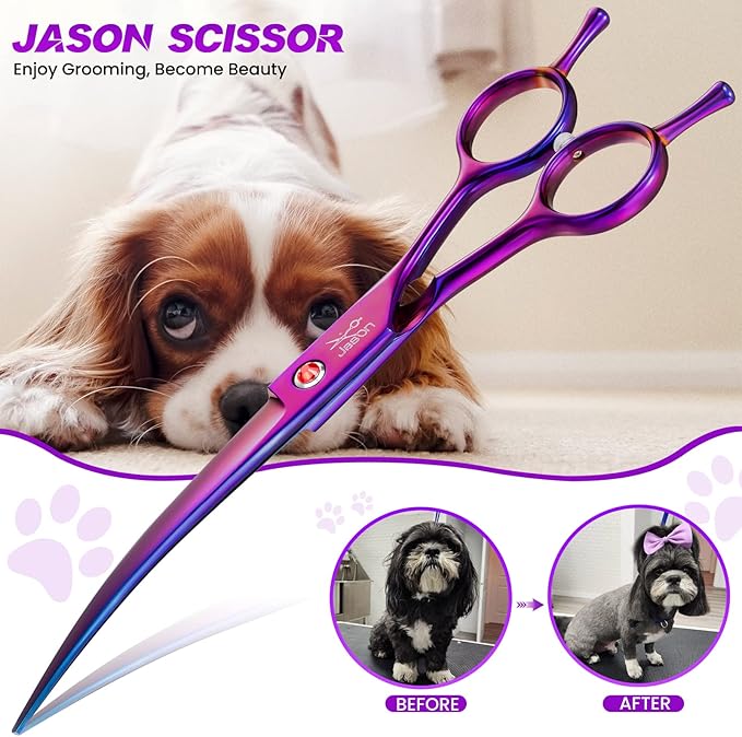 JASON 7.5" Dog Grooming Scissor - Professional Down-curved Shear with Ergonomic Handle Japanese Stainless Steel Trimming Scissor for Dogs, Cats and Other Pets, Sharp (Curved, Purple)-Mewly Pet