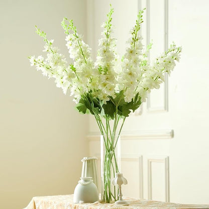 12 Pcs White Delphinium Artificial Flower 35.4'' Long Larkspur Stem White Fake Faux Silk Flowers Bulk for Tall Vase Floral Arrangements Home Centerpiece Table Wedding Decor