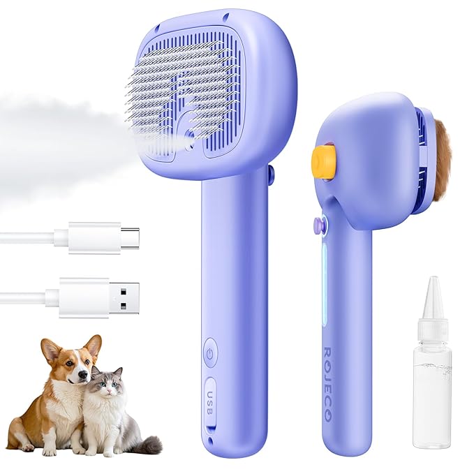 ROJECO 3-in-1 Pet Steam Brush for Cats&Dogs - Detangling Comb with Adjustable Mist, Handheld Deshedding Grooming Tool for Long/Short Hair, Massage Brush & Shedding Control Gift,Cordless,Purple-Mewly Pet